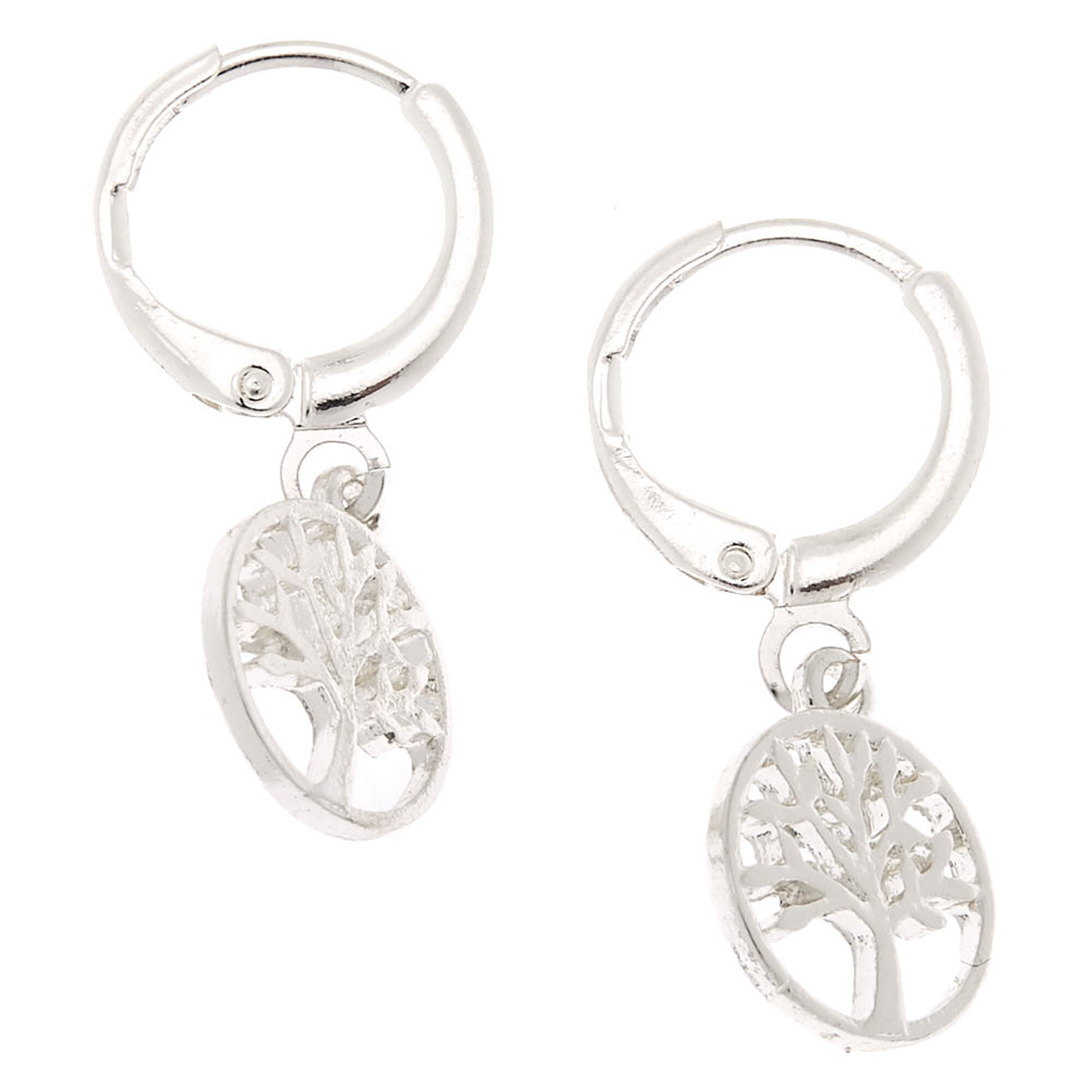 Silver 10MM Tree Charm Hoop Earrings
