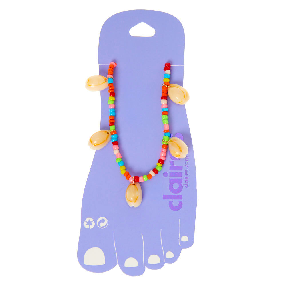 Neon Rainbow Beaded Cowrie Shell Anklet,
