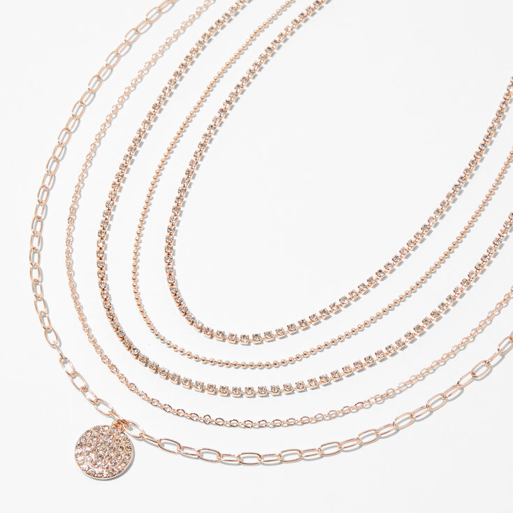 Rose Gold-tone Rhinestone Medallion Necklaces - 5 Pack,