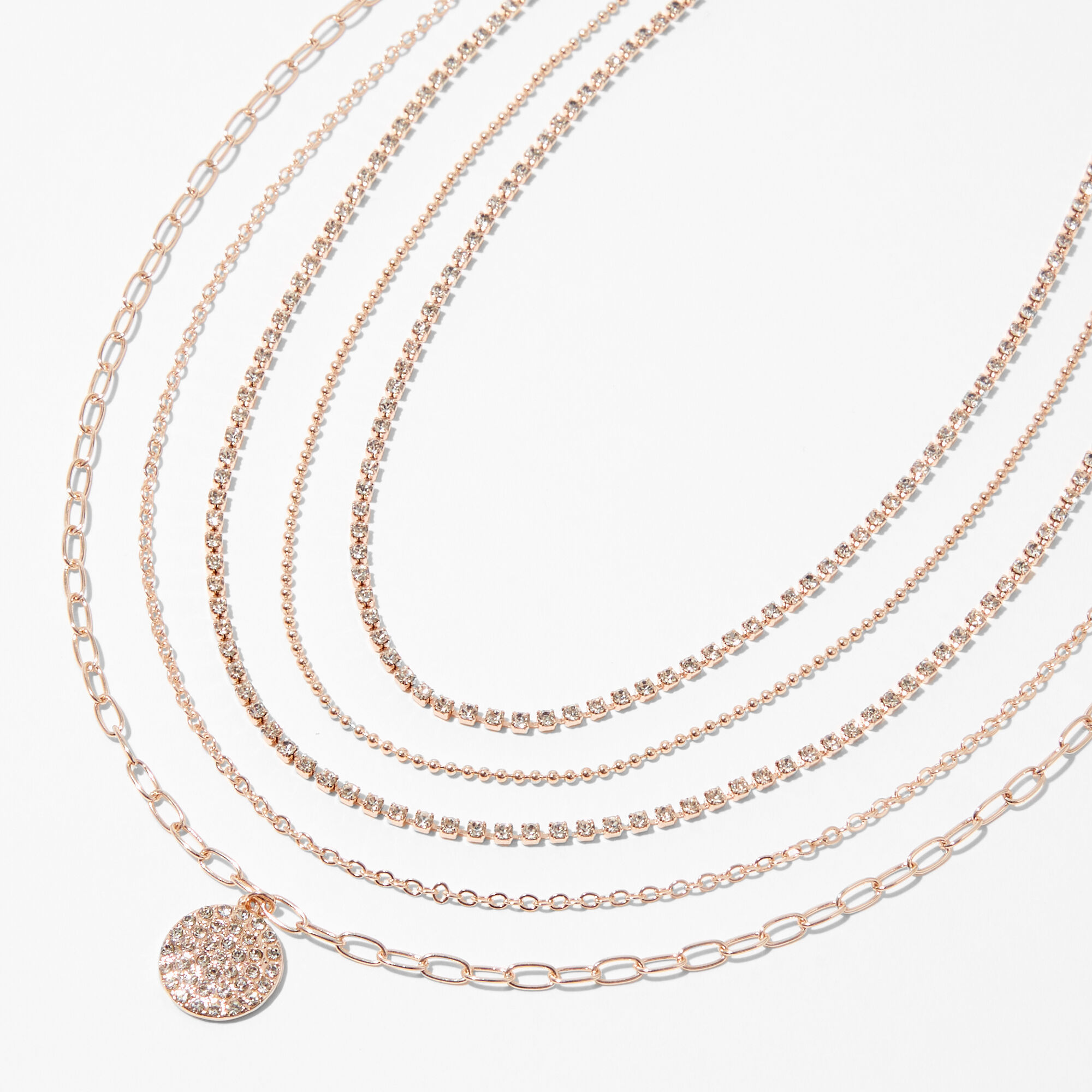 View Claires Tone Rhinestone Medallion Necklaces 5 Pack Rose Gold information