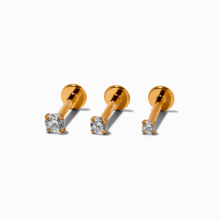 Gold-tone Titanium Crystal 16G Labret Flatback Lip Studs - 3 Pack,