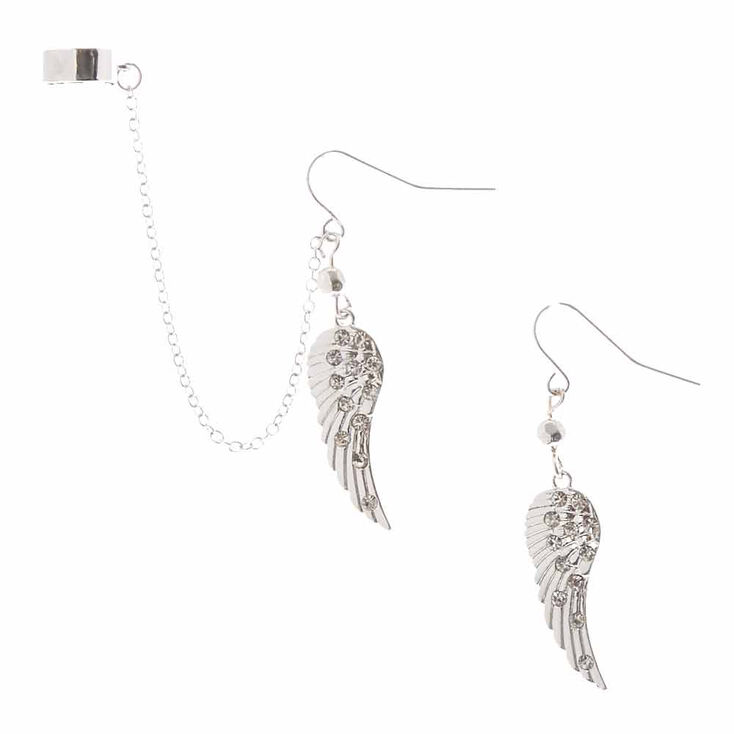 Silver Crystal Wing Ear Cuff &amp; Drop Earrings Set,
