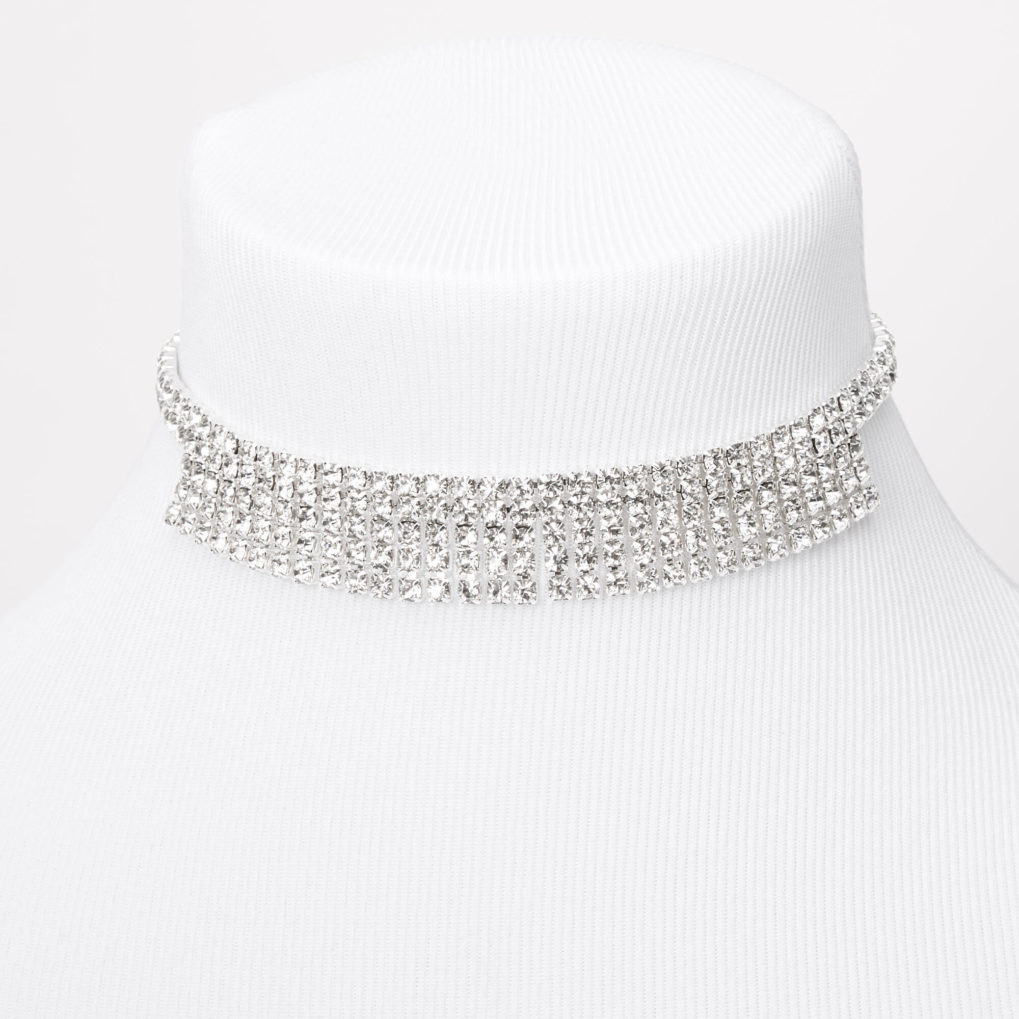 Silver Rhinestone Flapper Fringe Choker Necklace,