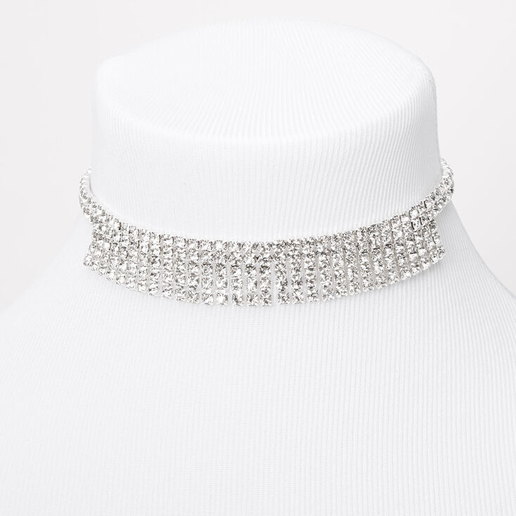 Silver Rhinestone Flapper Fringe Choker Necklace,