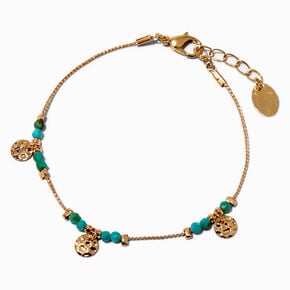 Teal Bead &amp; Gold-tone Coin Chain Bracelet ,