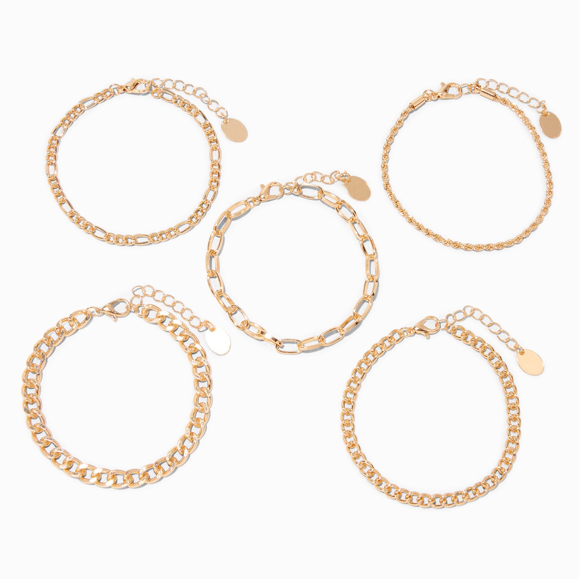 View Claires Woven Chain Bracelet Set 5 Pack Gold information