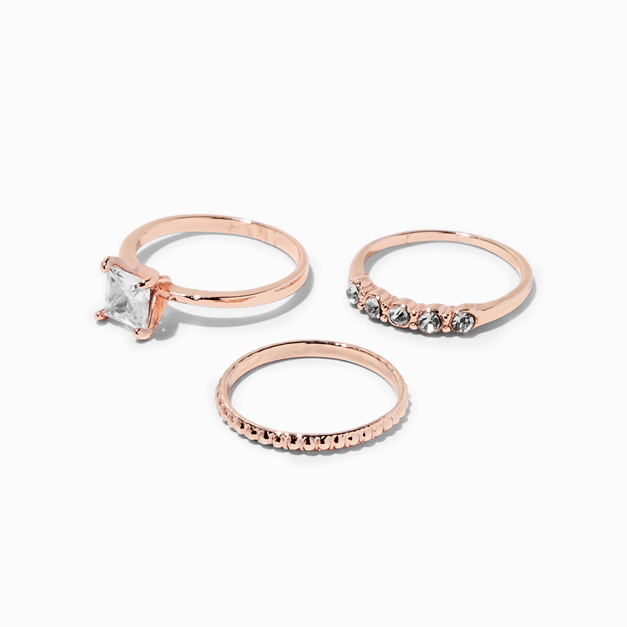 View Claires Tone Cubic Zirconia Square Ring Stack Set 3 Pack Rose Gold information