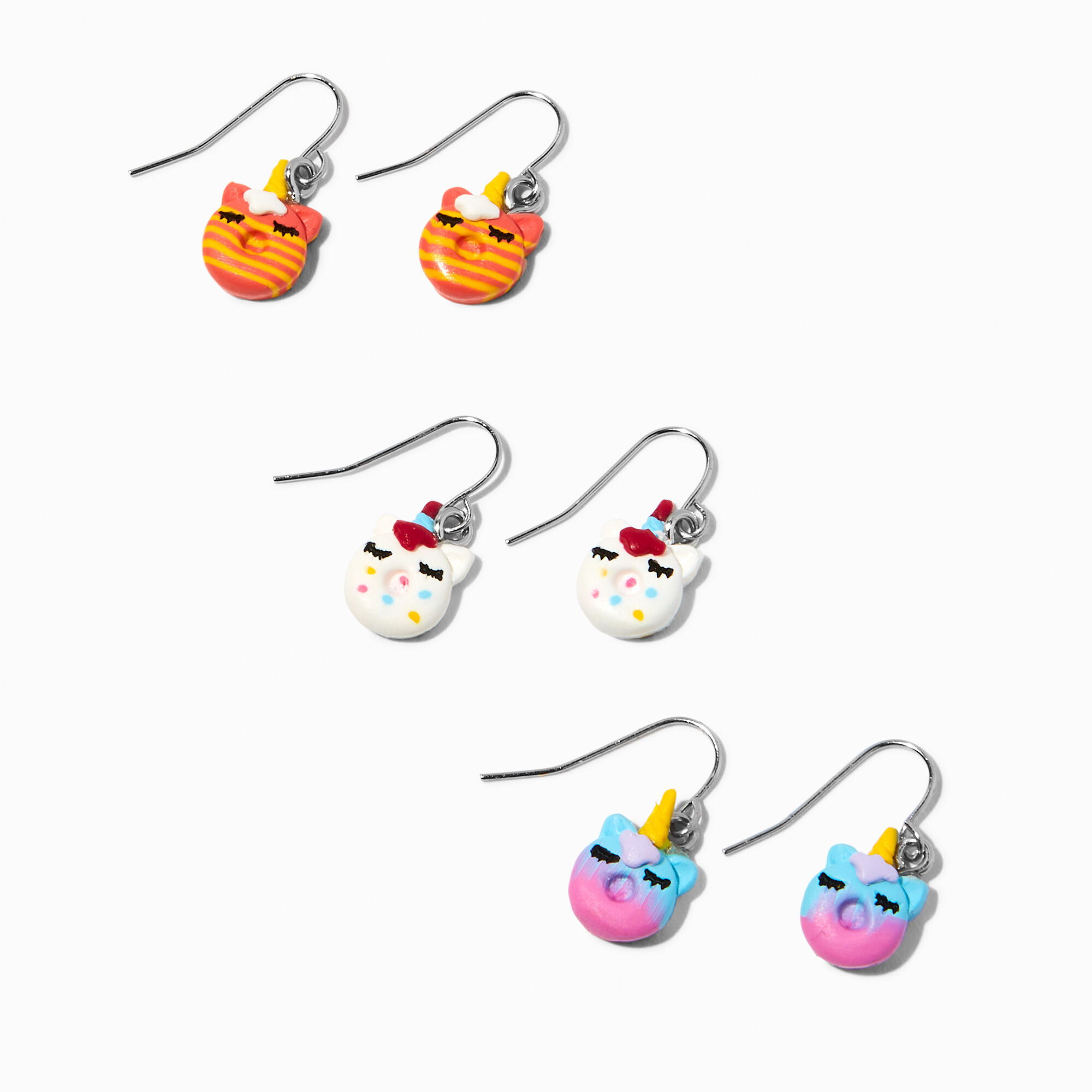 View Claires Unicorn Donuts 05 Drop Earrings 3 Pack Silver information