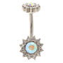 Piercing de nombril design floral halo en pierre iris&eacute;e couleur argent&eacute;,