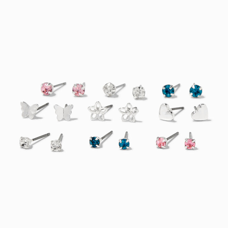Clous d&#39;oreilles c&oelig;urs floraux couleur argent&eacute;e - Lot de 9,