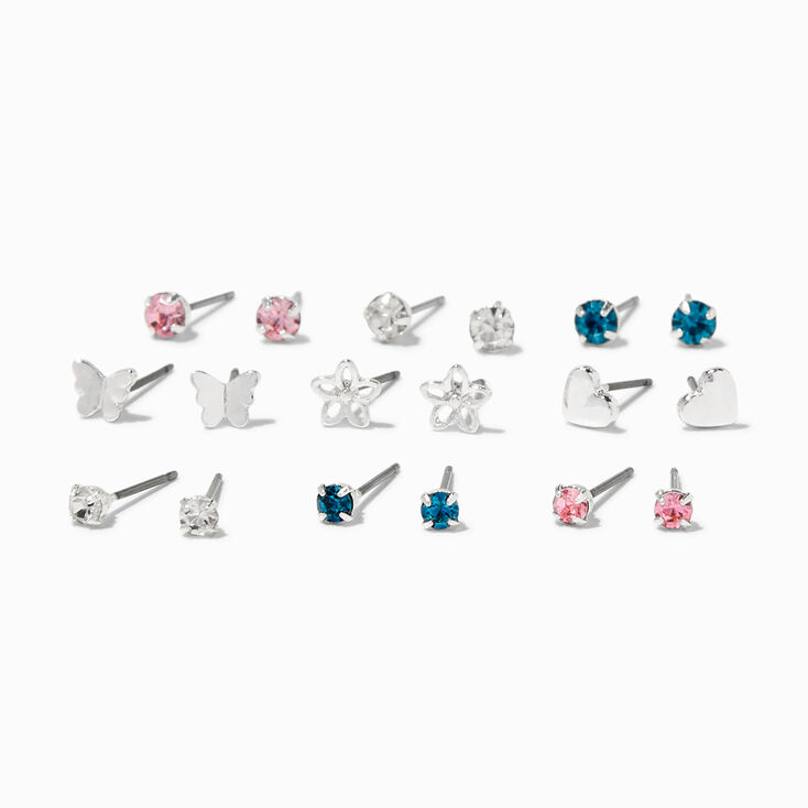 Silver-tone Floral Hearts Stud Earrings - 9 Pack,
