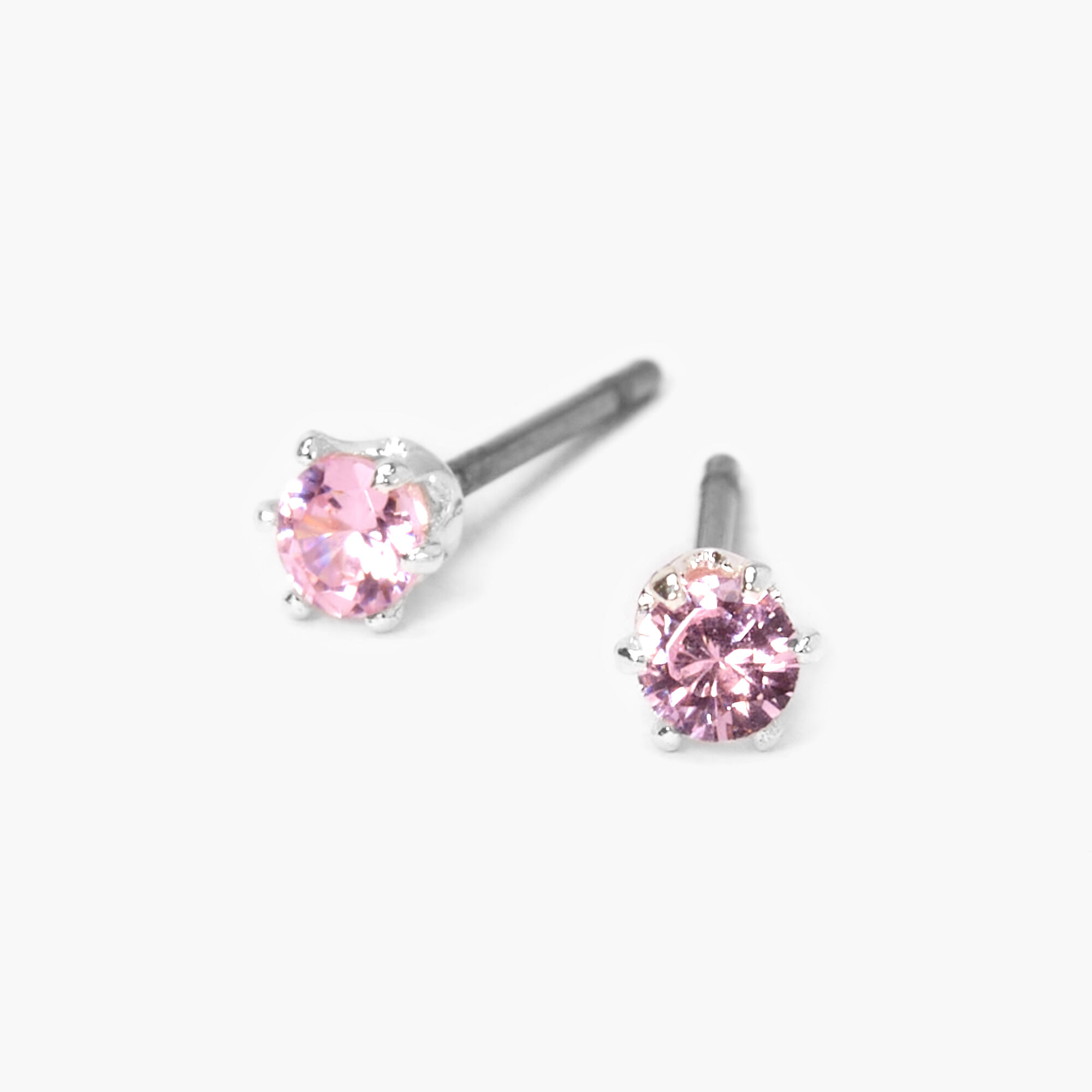 Silver Cubic Zirconia Round Stud Earrings Pink 3MM Claire s US