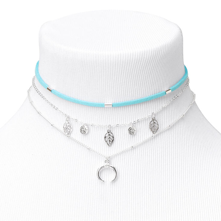 Silver Leaf Horn Choker Necklaces - Turquoise, 3 Pack,