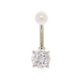 Silver-tone Stainless Steel Pearl Top 14G Belly Bar,