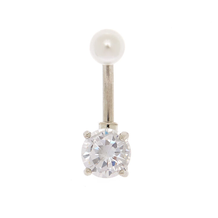 Silver-tone Stainless Steel Pearl Top 14G Belly Bar,