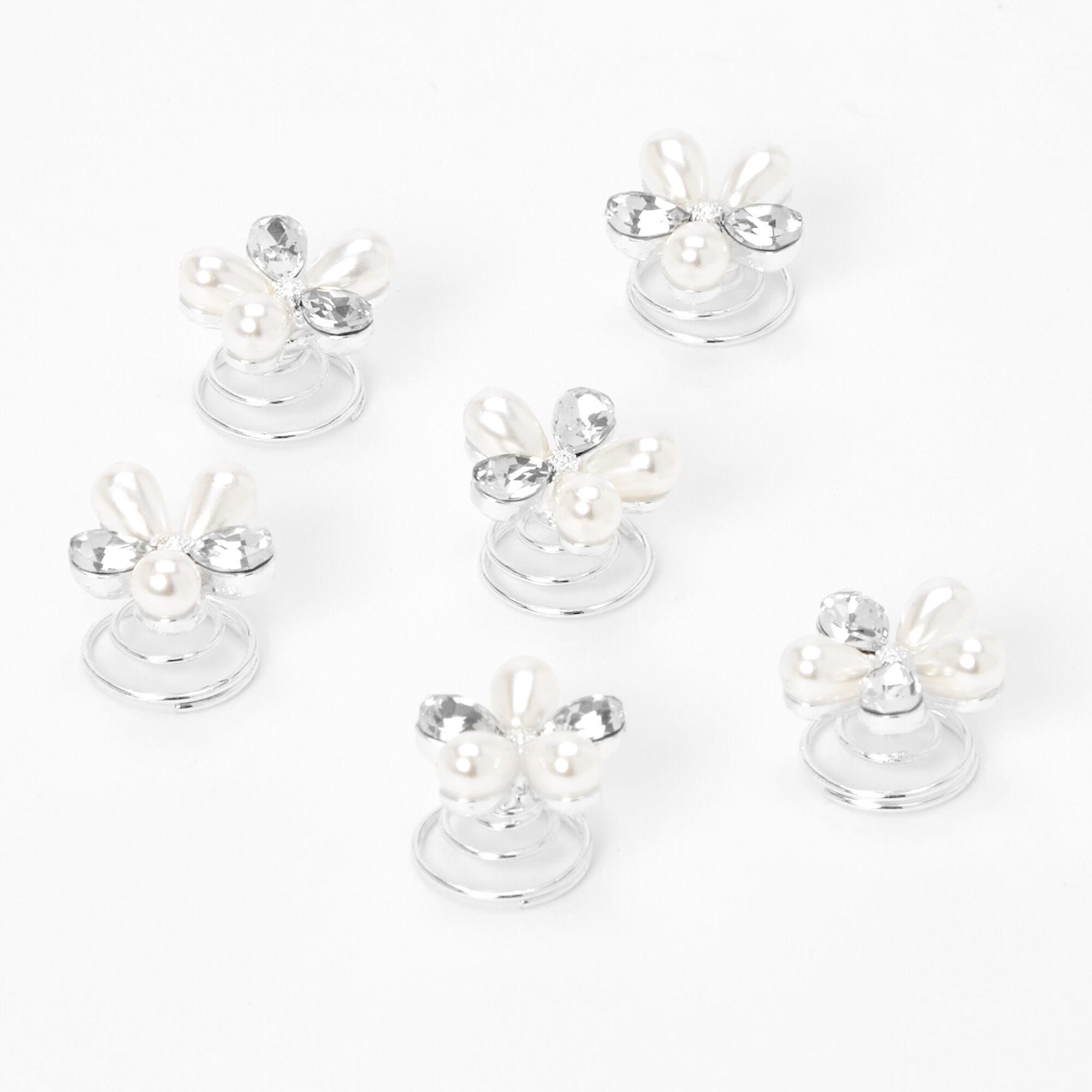 View Claires Pearl Crystal Floral Hair Spinners 6 Pack Silver information
