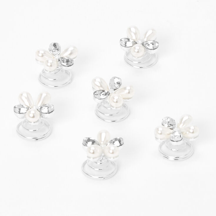 Pearl &amp; Crystal Floral Hair Spinners - 6 Pack,