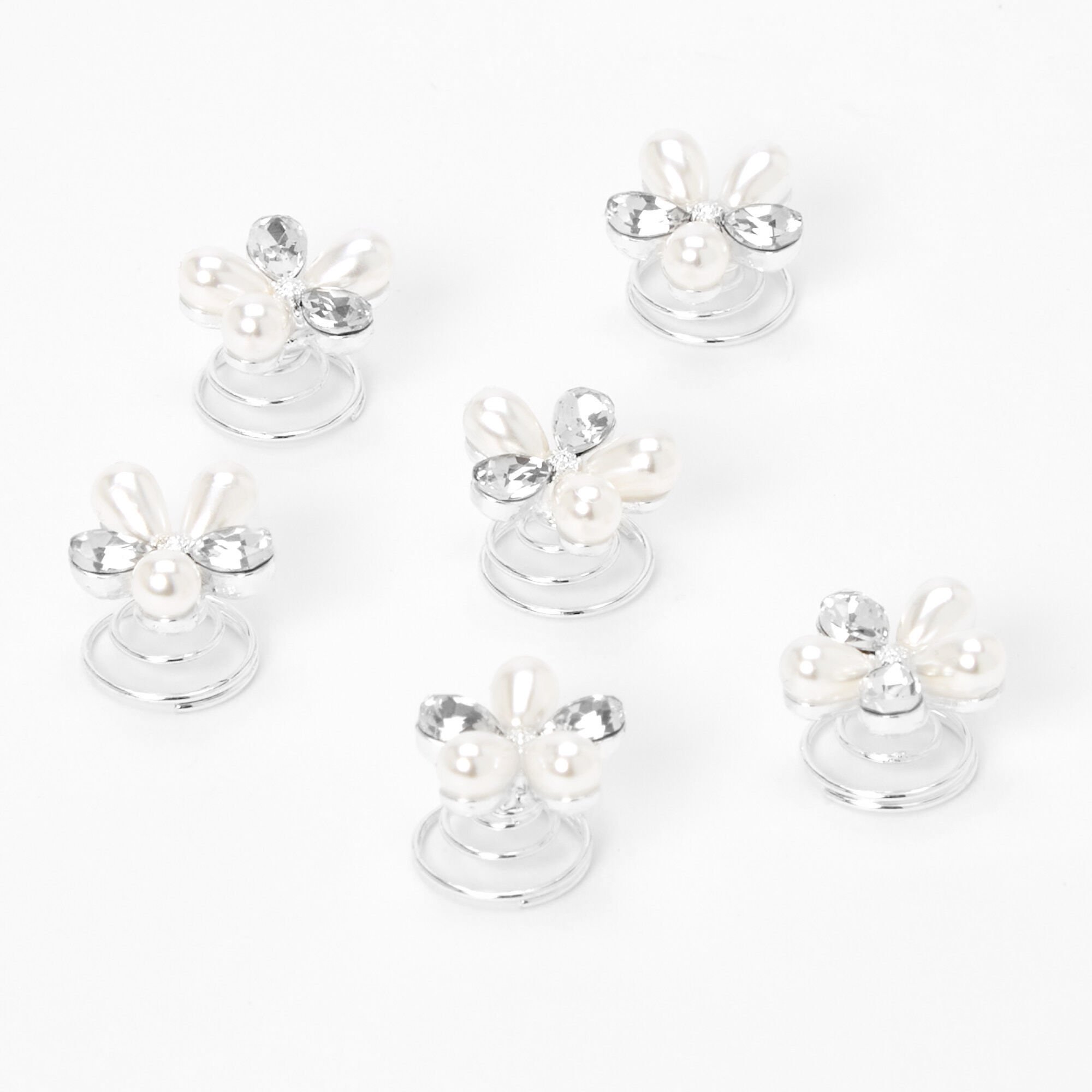 View Claires Pearl Crystal Floral Hair Spinners 6 Pack Silver information