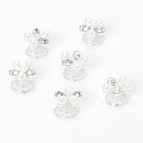 Pearl &amp; Crystal Floral Hair Spinners - 6 Pack,