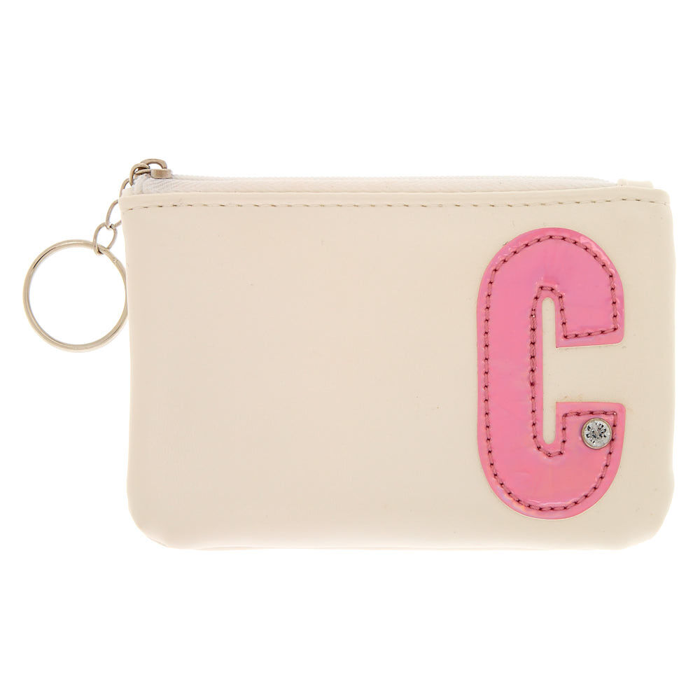 Porte-monnaie en cuir d'imitation blanc avec initiale C rose,