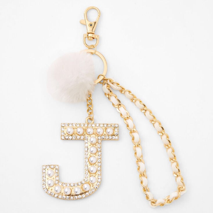 Gold Bling Initial Pom Pom Keyring - White, J,