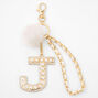 Gold Bling Initial Pom Pom Keychain - White, J,