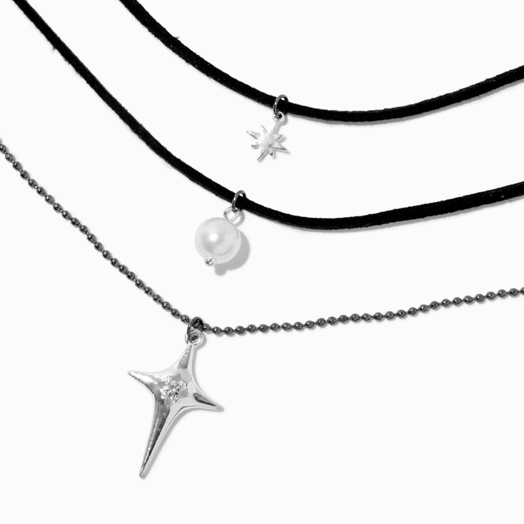 Silver-tone Cross &amp; Pearl Black Cord Multi-Strand Necklace ,