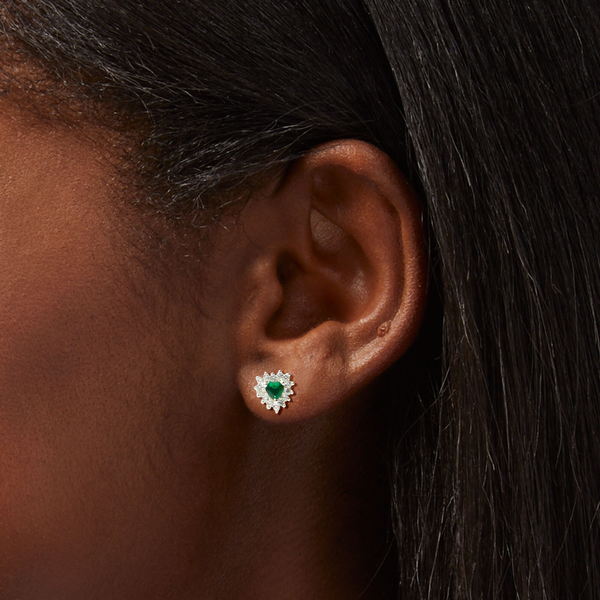Sterling Silver Cubic Zirconia Emerald Heart Stud Earrings,