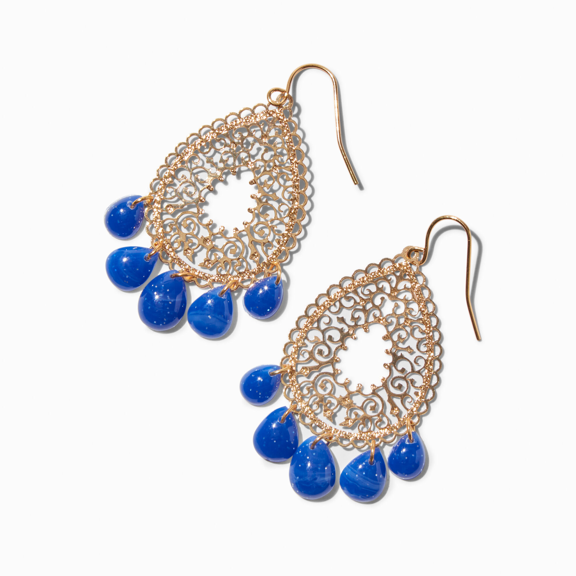 Blue Lapis Gold-tone Filigree Teardrop 2" Drop Earrings ,
