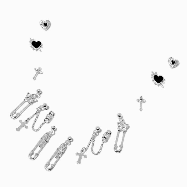 Boucles d&rsquo;oreilles superposables grunge &eacute;pingle &agrave; nourrice couleur argent&eacute;e - Lot de 6,