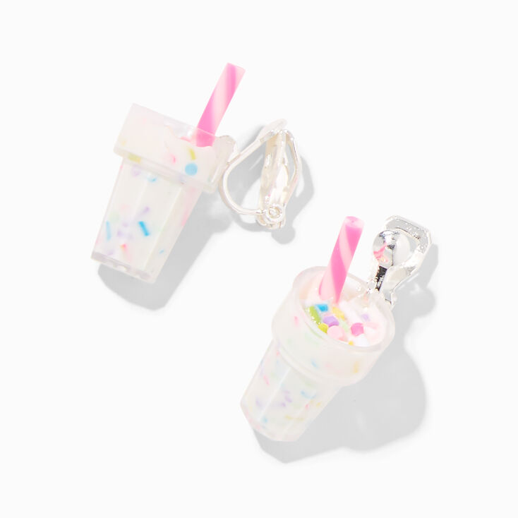 Silver 0.75&quot; Rainbow Sprinkles Milkshake Clip On Drop Earrings,