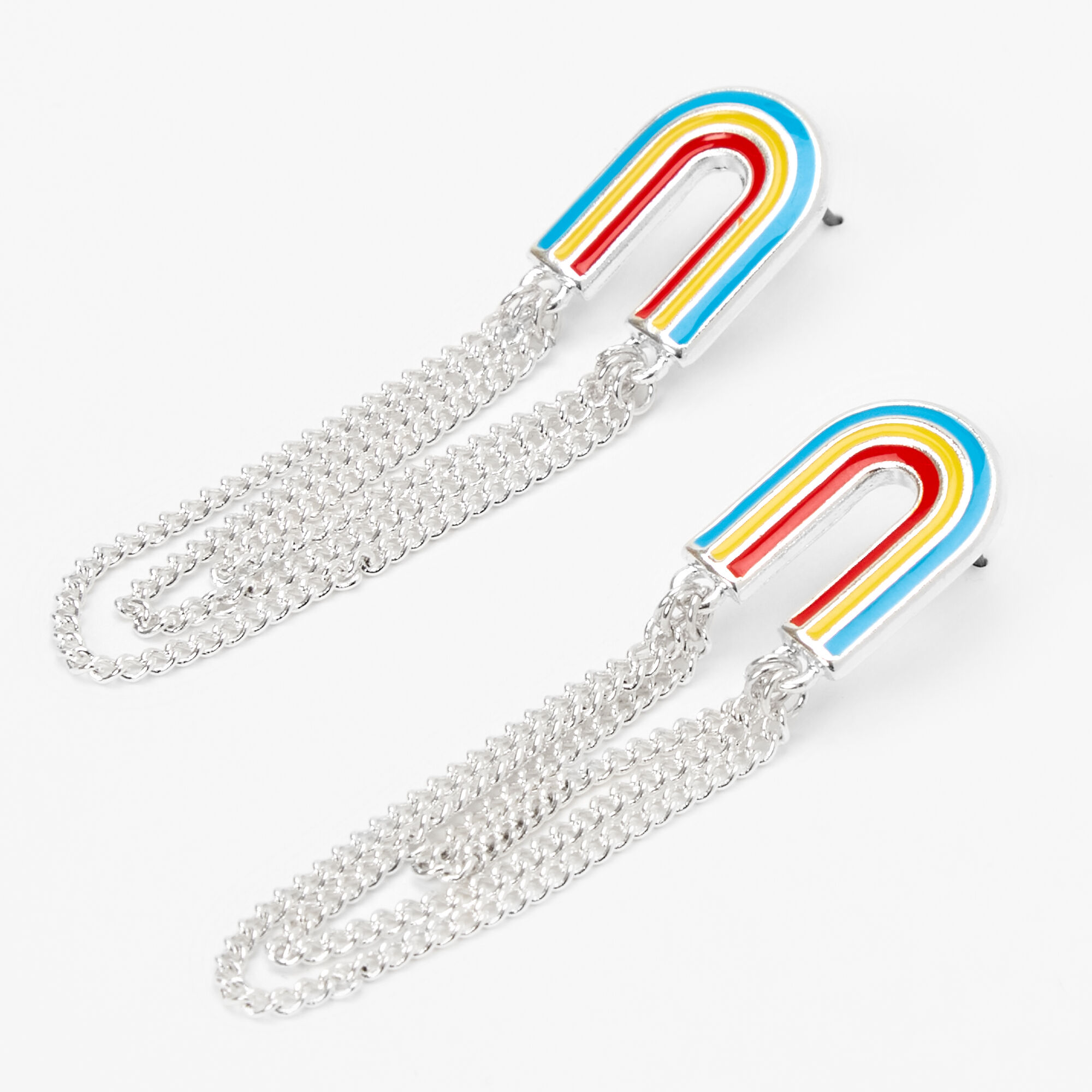 Silver 2" Rainbow Chain Drop Earrings,