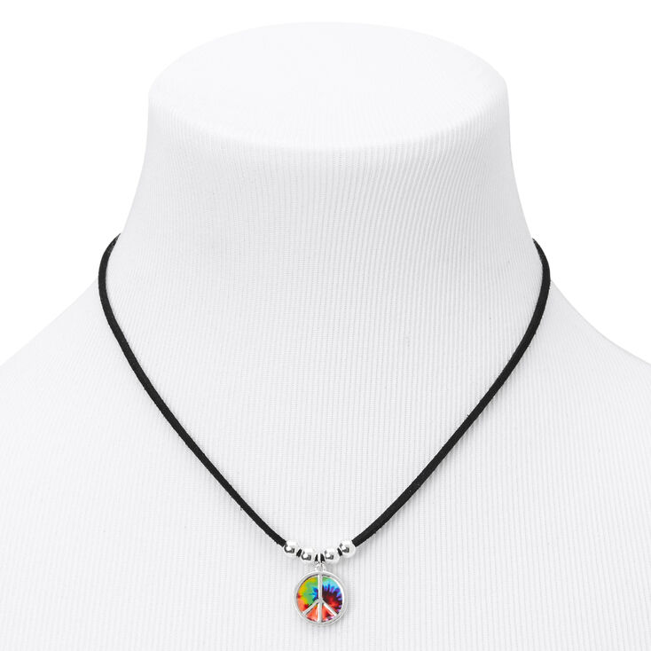 Silver Tie Dye Peace Sign Cord Pendant Necklace - Black,