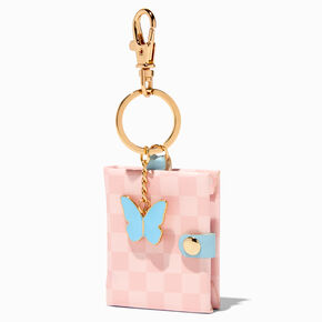 Pink Checkered Butterfly Charm Mini Diary Keychain,