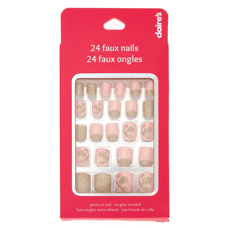 Gold Glitter Butterfly Press On Faux Nail Set - Pink, 24 Pack,