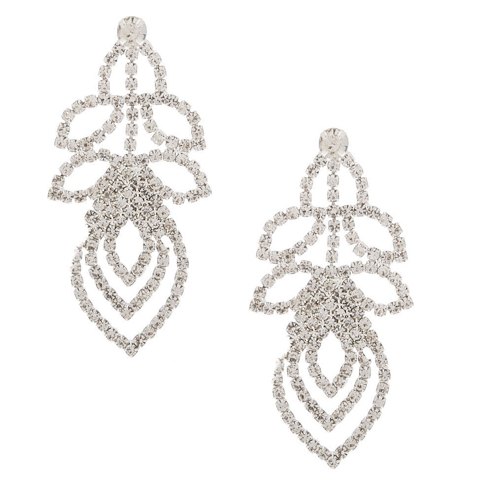 Silver Rhinestone 1" Layered Leaf Drop Earrings,
