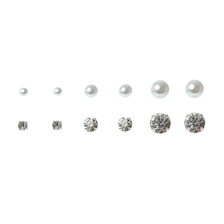 Graduated  Pearl &amp; Crystal Stud Earrings - 6 Pack,