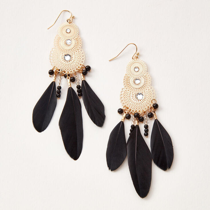 Gold 4&quot; Fancy Filigree Feather Drop Earrings - Black,