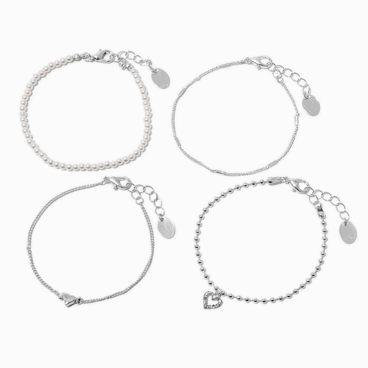 Silver-tone Heart &amp; Pearl Chain Bracelets - 4 Pack ,