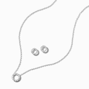 Silver-tone Cubic Zirconia Circle Pendant Necklace &amp; Stud Earrings Set,