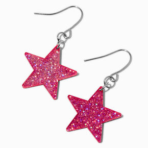 Pink Glitter Star 1&quot; Drop Earrings,