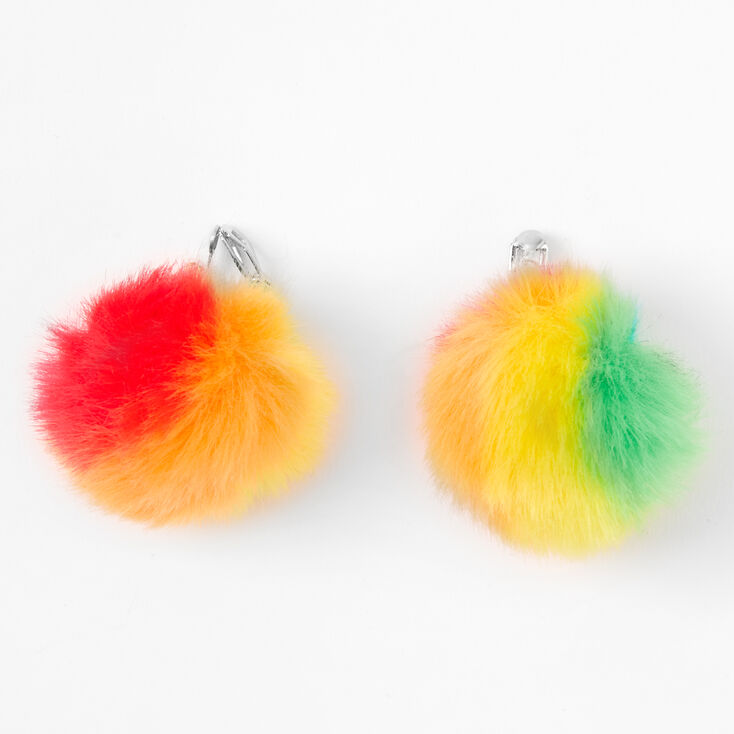Silver 2&quot; Pom Pom Clip On Drop Earrings - Rainbow,
