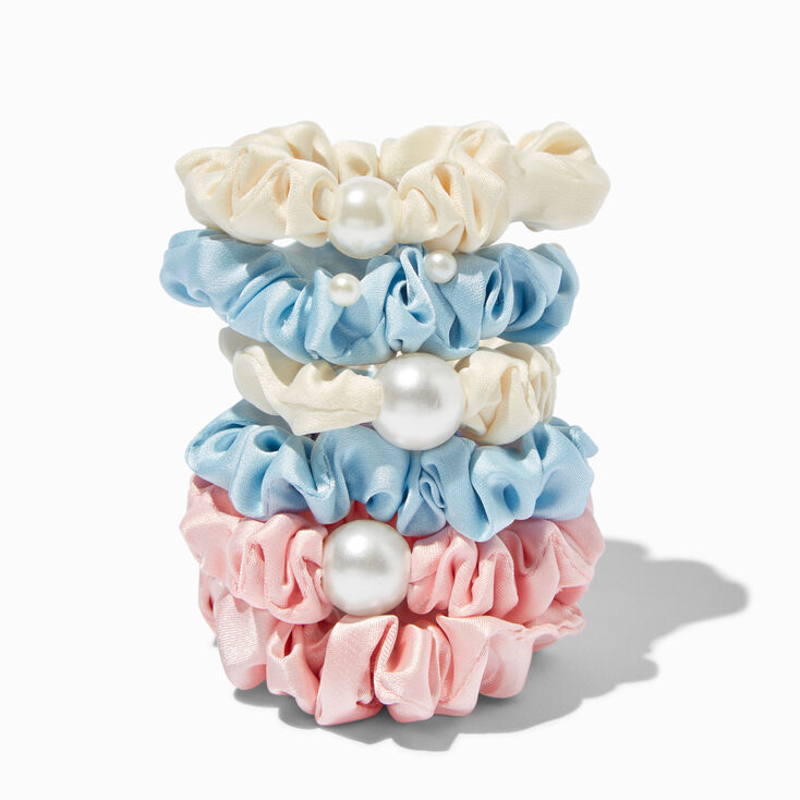 Pearl Pink, Blue, &amp; Ivory Skinny Silky Hair Scrunchies - 6 Pack,