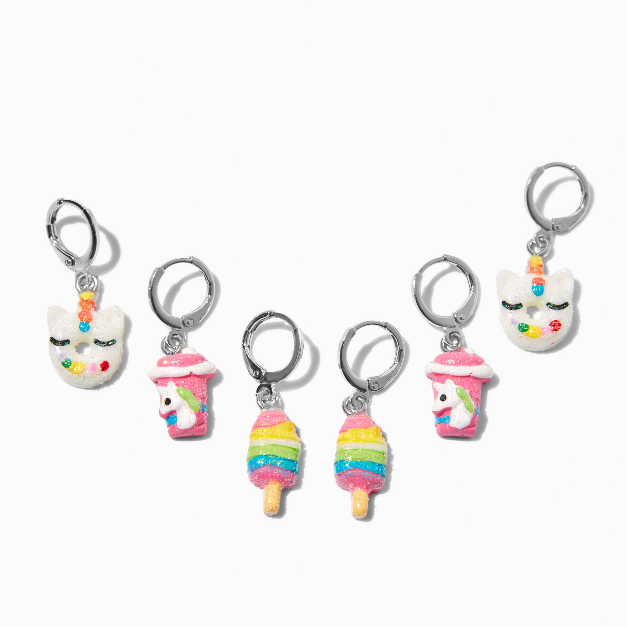 Silver-tone Unicorn Sweet Treats Huggie Hoop Stackable Earrings - 3 Pack,