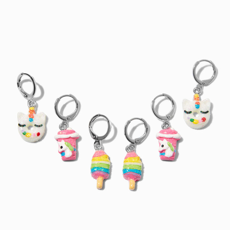 Silver-tone Unicorn Sweet Treats Huggie Hoop Stackable Earrings - 3 Pack,