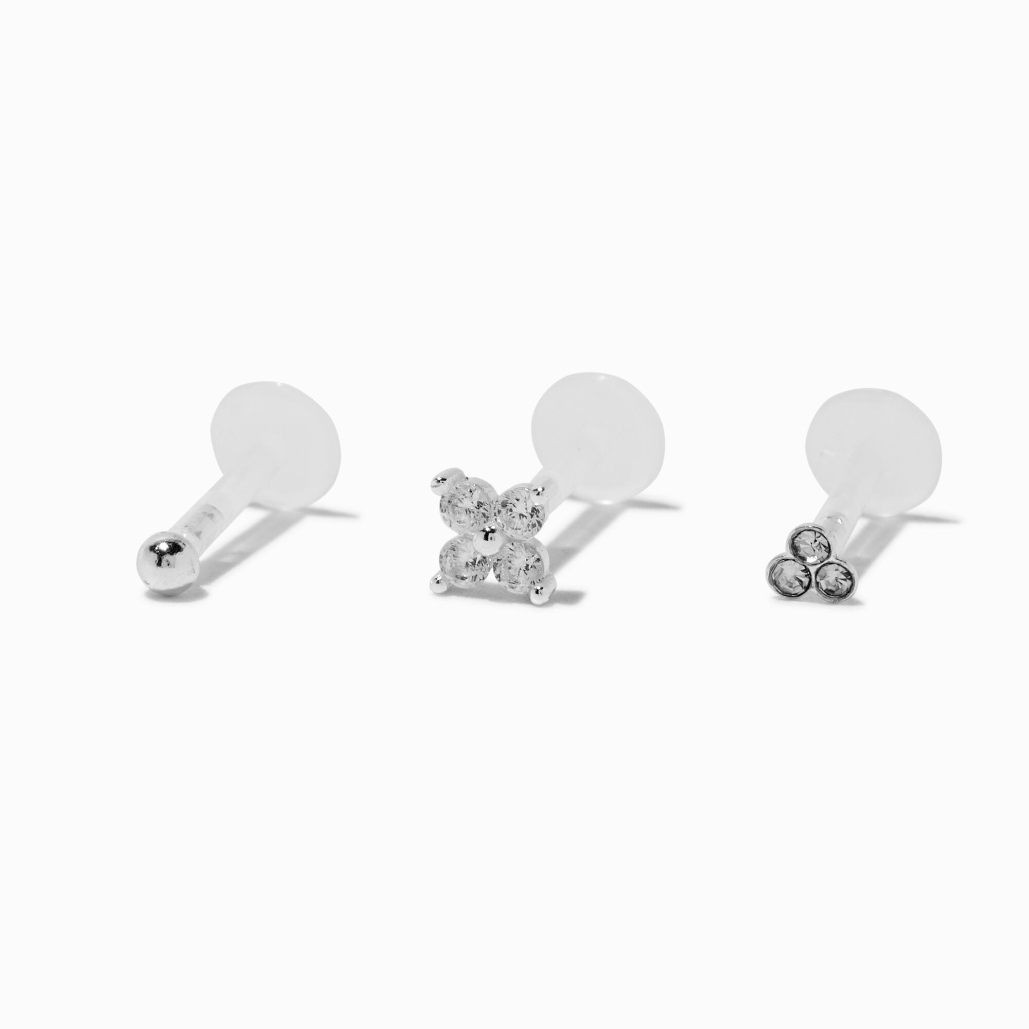 Sterling Silver Ball, Clover, & Trio Crystal 16G Threadless Flat Back Helix Earring - 3 Pack,