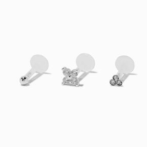 Sterling Silver Ball, Clover, &amp; Trio Crystal 16G Threadless Flat Back Helix Earring - 3 Pack,