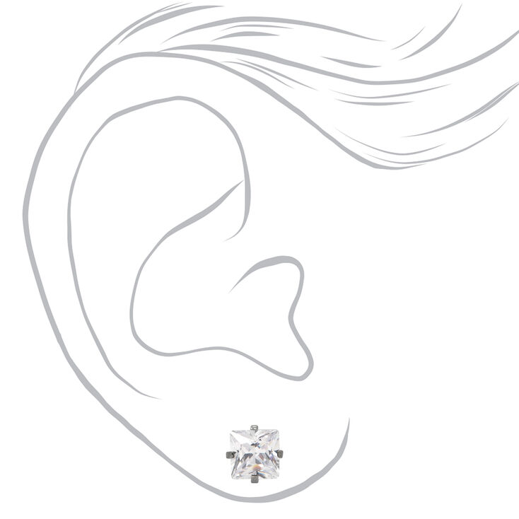 Silver Titanium Cubic Zirconia Square Stud Earrings - 6MM,