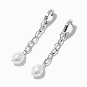 Pearl &amp; Silver-tone Chain 2&quot; Huggie Hoop Earrings,