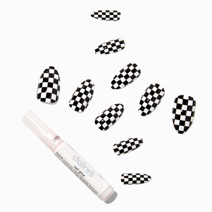Black &amp; White Checkered Stiletto Vegan Faux Nail Set - 24 Pack,